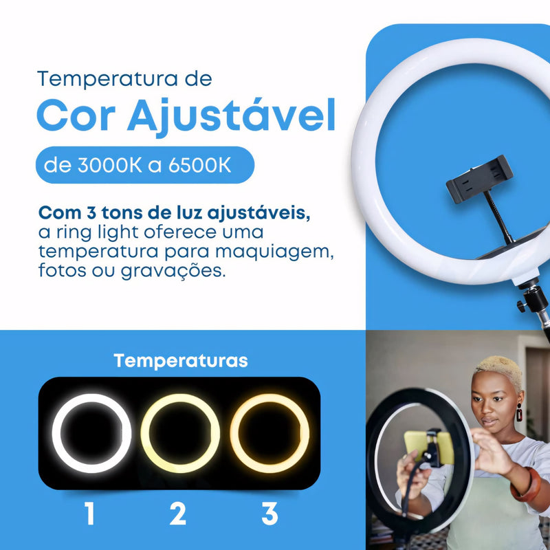 Ring Light profissional de 12 polegadas com tripé ajustável até 2,1m, controle de intensidade embutido, 3 tons de luz e suporte de celular central. Ideal para gravações, fotos e lives.