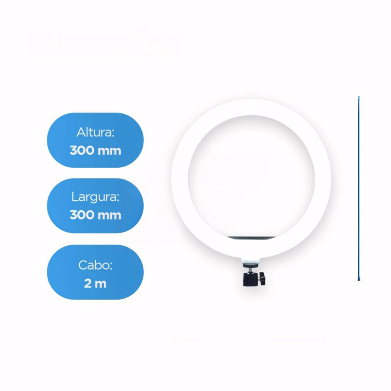 Ring Light profissional de 12 polegadas com tripé ajustável até 2,1m, controle de intensidade embutido, 3 tons de luz e suporte de celular central. Ideal para gravações, fotos e lives.