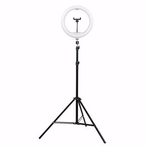 Ring Light profissional de 12 polegadas com tripé ajustável até 2,1m, controle de intensidade embutido, 3 tons de luz e suporte de celular central. Ideal para gravações, fotos e lives.