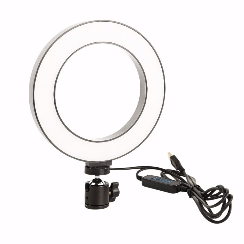Ring Light LED 10 polegadas com tripé de mesa, controle embutido no cabo, suporte para celular centralizado e conexão USB. Ideal para fotos, vídeos, maquiagem e chamadas.
