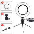 Ring Light LED 10 polegadas com tripé de mesa, controle embutido no cabo, suporte para celular centralizado e conexão USB. Ideal para fotos, vídeos, maquiagem e chamadas.