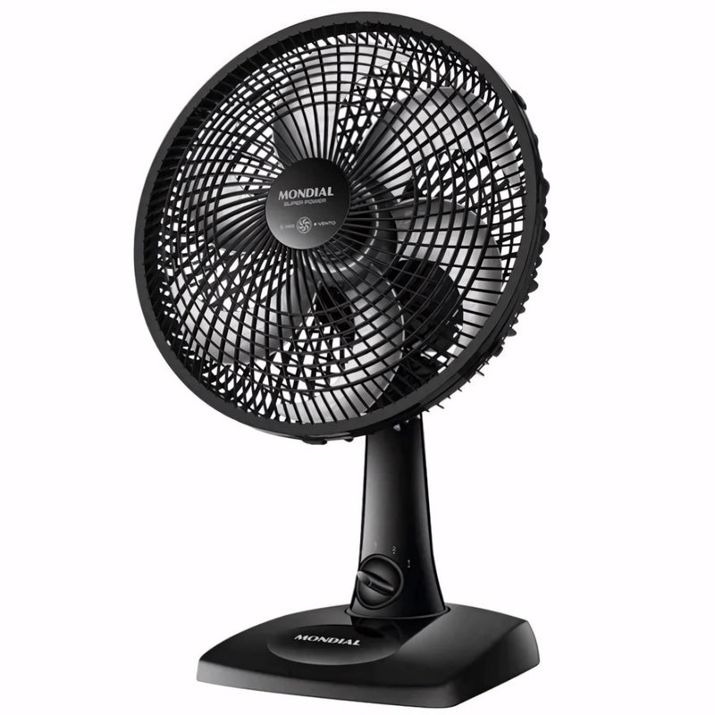 Ventilador de mesa preto com 6 pás, 30cm de hélice e base estável. Compacto, silencioso e potente, com inclinação ajustável e 3 velocidades para melhor ventilação.