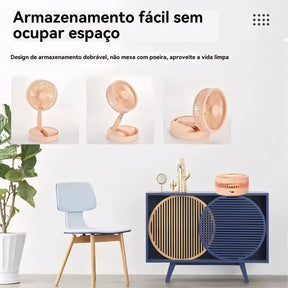 Ventilador de pé retrátil e silencioso com design portátil, bateria 6000mAh recarregável via USB e controle remoto. Ideal para mesa, chão ou ambientes compactos.