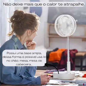 Ventilador de pé retrátil e silencioso com design portátil, bateria 6000mAh recarregável via USB e controle remoto. Ideal para mesa, chão ou ambientes compactos.