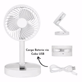 Ventilador de pé retrátil e silencioso com design portátil, bateria 6000mAh recarregável via USB e controle remoto. Ideal para mesa, chão ou ambientes compactos.