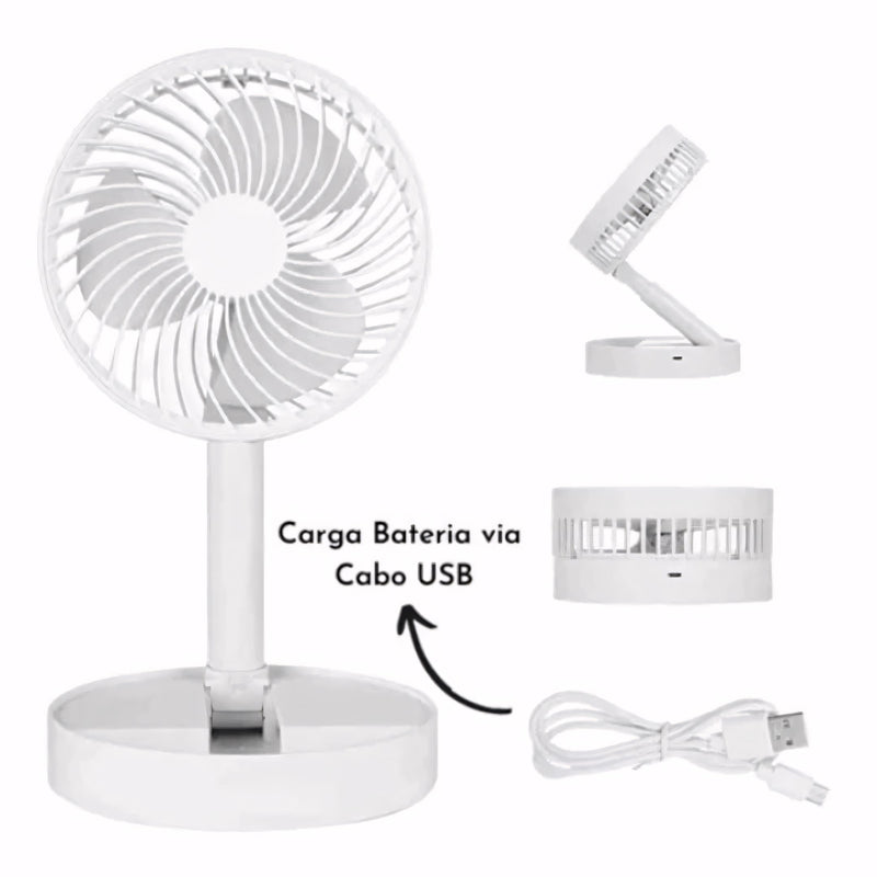 Ventilador de pé retrátil e silencioso com design portátil, bateria 6000mAh recarregável via USB e controle remoto. Ideal para mesa, chão ou ambientes compactos.