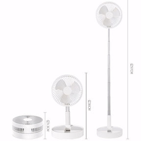 Ventilador de pé retrátil e silencioso com design portátil, bateria 6000mAh recarregável via USB e controle remoto. Ideal para mesa, chão ou ambientes compactos.