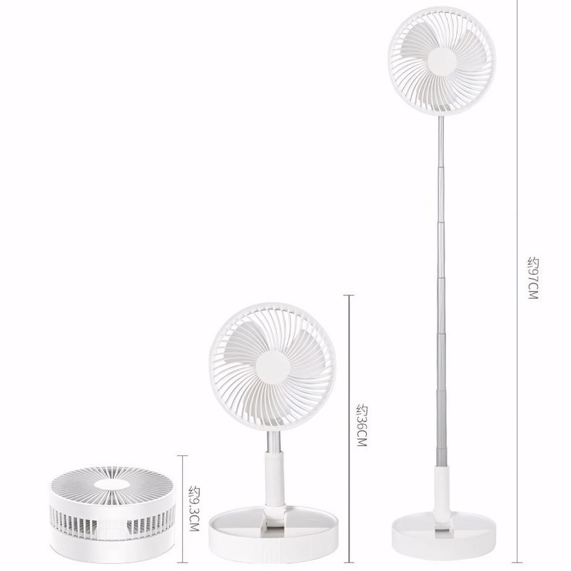 Ventilador de pé retrátil e silencioso com design portátil, bateria 6000mAh recarregável via USB e controle remoto. Ideal para mesa, chão ou ambientes compactos.