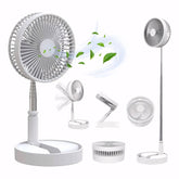 Ventilador de pé retrátil e silencioso com design portátil, bateria 6000mAh recarregável via USB e controle remoto. Ideal para mesa, chão ou ambientes compactos.