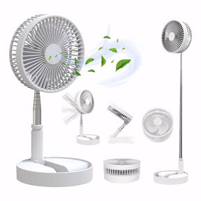 Ventilador de pé retrátil e silencioso com design portátil, bateria 6000mAh recarregável via USB e controle remoto. Ideal para mesa, chão ou ambientes compactos.
