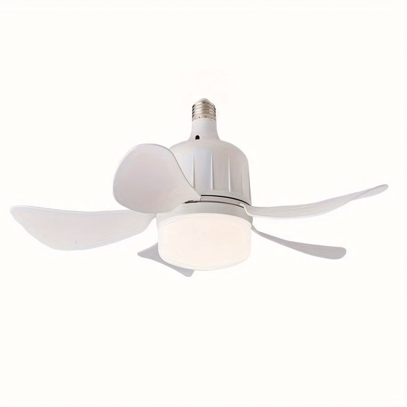 Ventilador de teto moderno com luz LED, controle remoto e instalação fácil no soquete E27. Compacto, silencioso e com ajuste de intensidade de luz e ventilação.