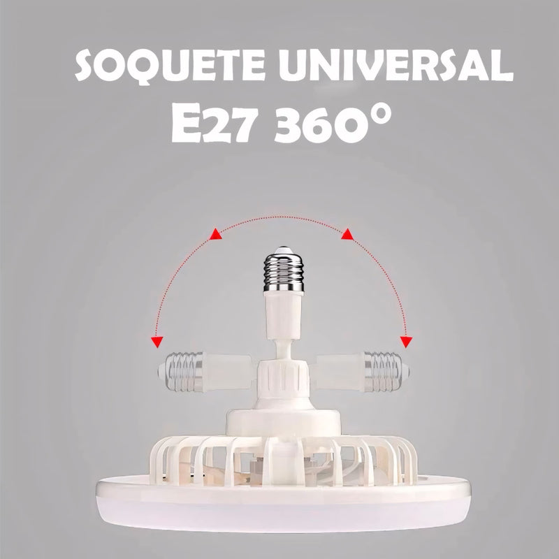 Ventilador de teto com luminária LED integrada, instalação simples no bocal E27 e controle remoto incluso. Design moderno, ideal para ambientes pequenos e elegantes.