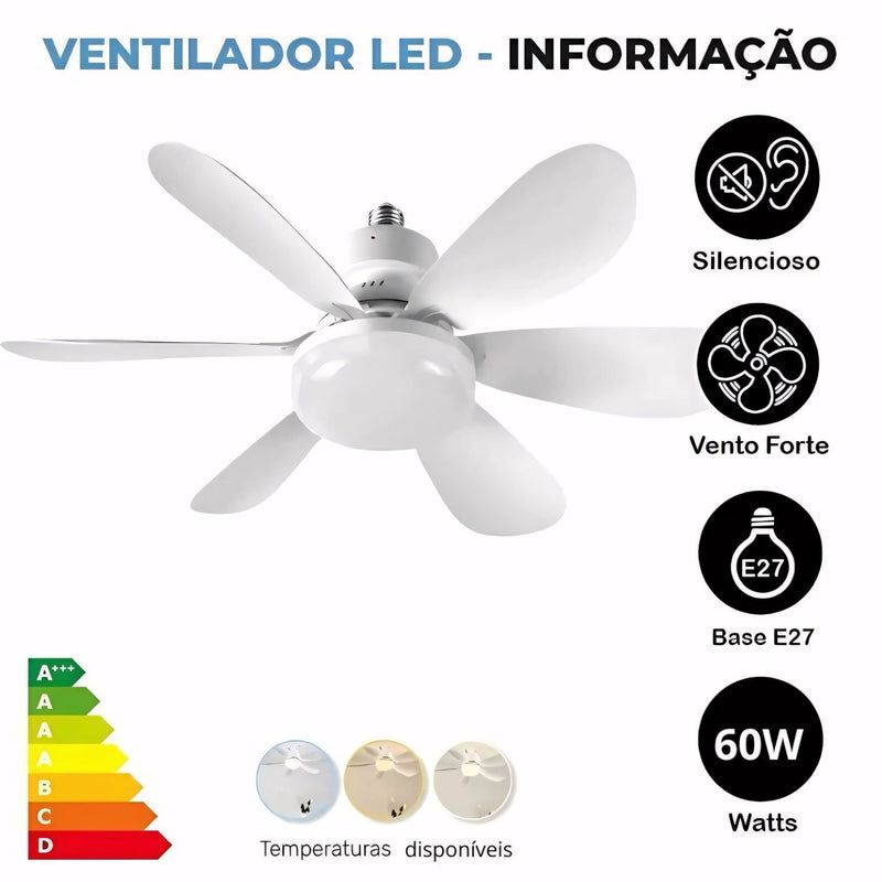 Ventilador para teto com luz LED integrada, 6 hélices, controle remoto e instalação fácil no soquete E27. Ideal para quartos e ambientes pequenos com estilo e praticidade.