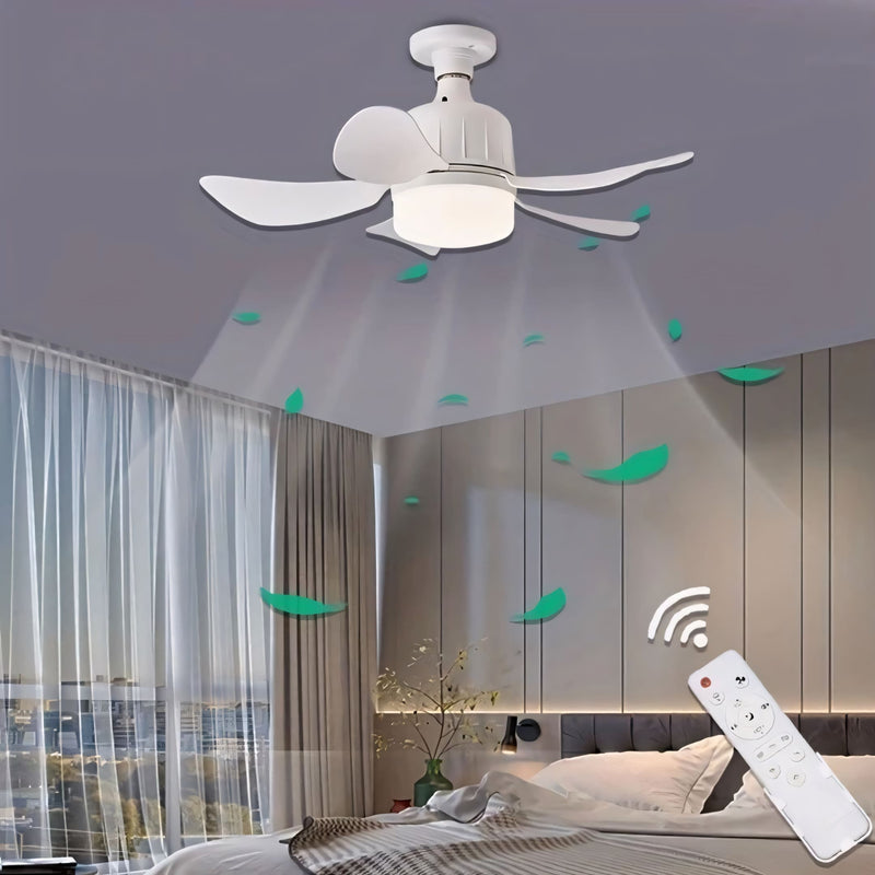 Ventilador de teto moderno com luz LED, controle remoto e instalação fácil no soquete E27. Compacto, silencioso e com ajuste de intensidade de luz e ventilação.