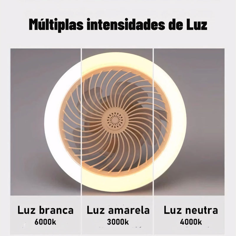 Ventilador de teto com luminária LED integrada, instalação simples no bocal E27 e controle remoto incluso. Design moderno, ideal para ambientes pequenos e elegantes.
