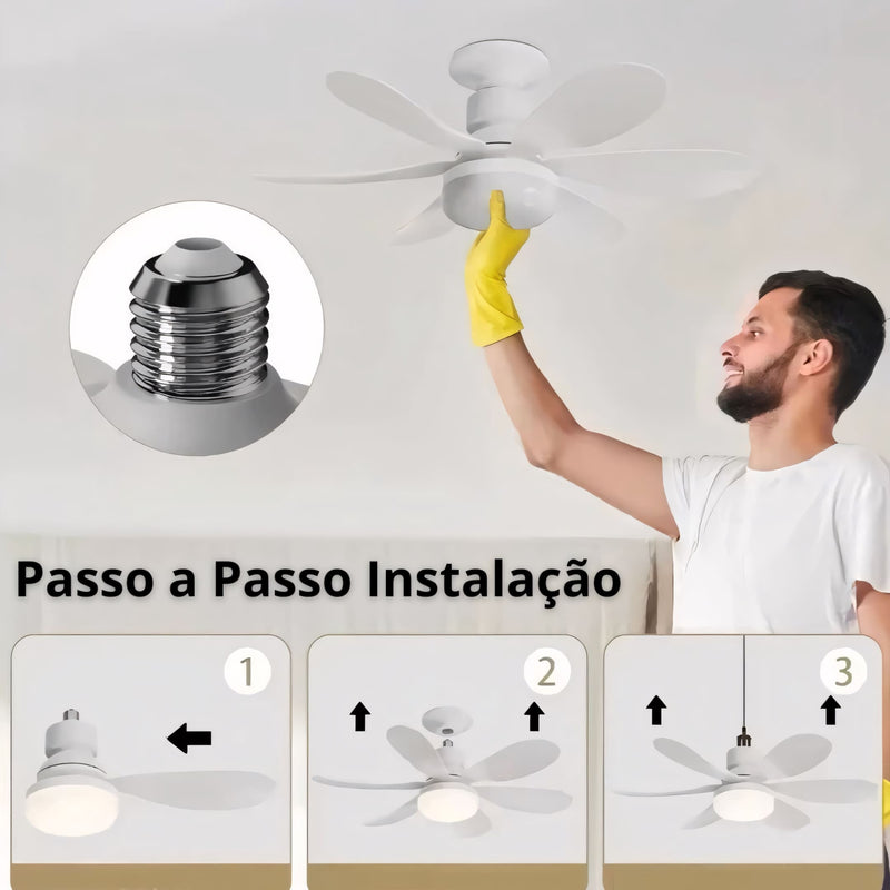 Ventilador de teto moderno com luz LED, controle remoto e instalação fácil no soquete E27. Compacto, silencioso e com ajuste de intensidade de luz e ventilação.