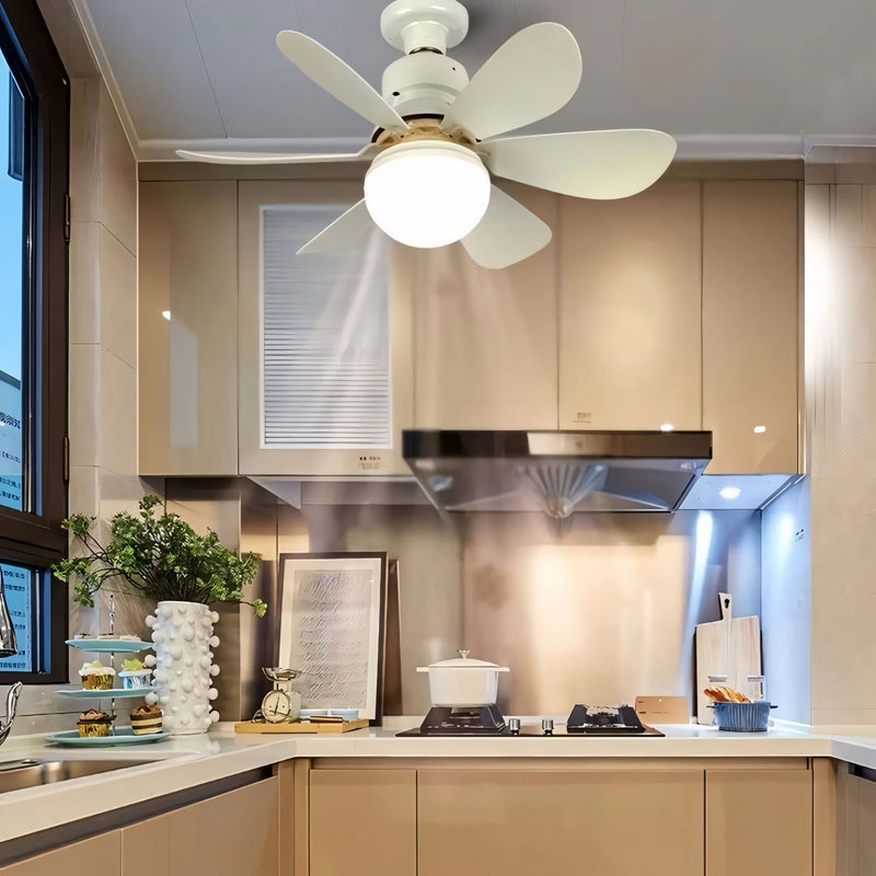 Ventilador de teto moderno com luz LED, controle remoto e instalação fácil no soquete E27. Compacto, silencioso e com ajuste de intensidade de luz e ventilação.