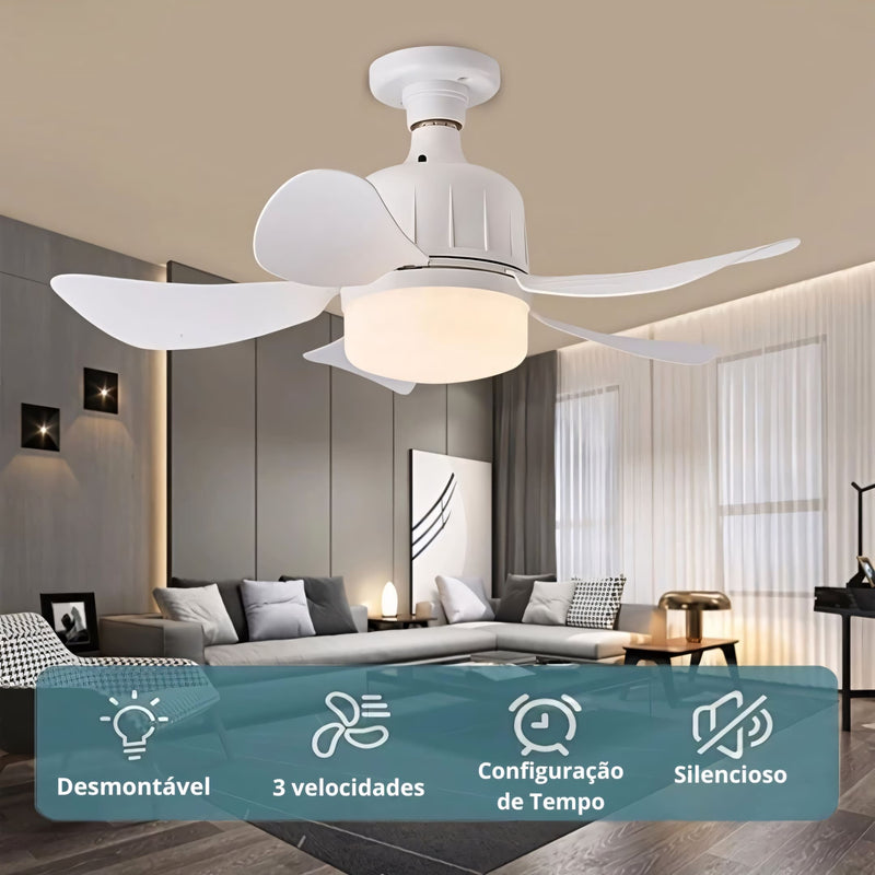 Ventilador de teto moderno com luz LED, controle remoto e instalação fácil no soquete E27. Compacto, silencioso e com ajuste de intensidade de luz e ventilação.