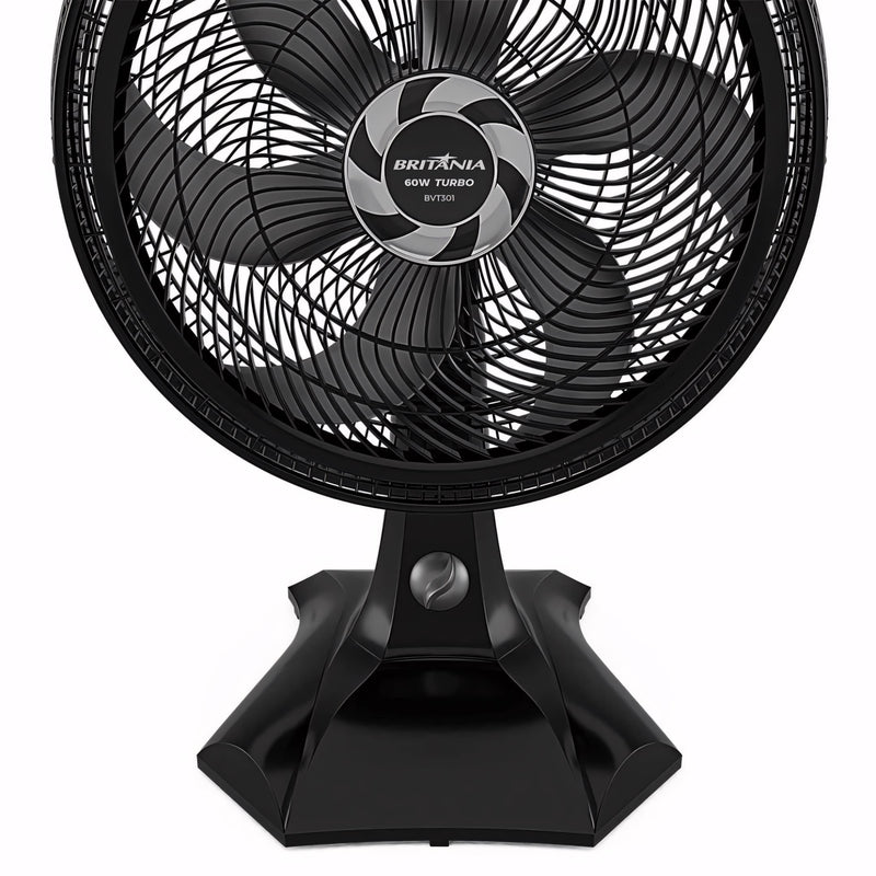 Ventilador Britânia turbo silencioso, 30cm, 6 pás, preto. Uso 2 em 1 para mesa ou parede, com base firme e oscilação. Potente e eficiente para qualquer ambiente.