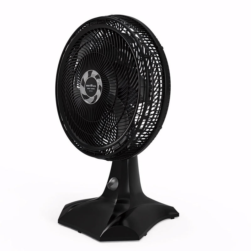 Ventilador Britânia turbo silencioso, 30cm, 6 pás, preto. Uso 2 em 1 para mesa ou parede, com base firme e oscilação. Potente e eficiente para qualquer ambiente.