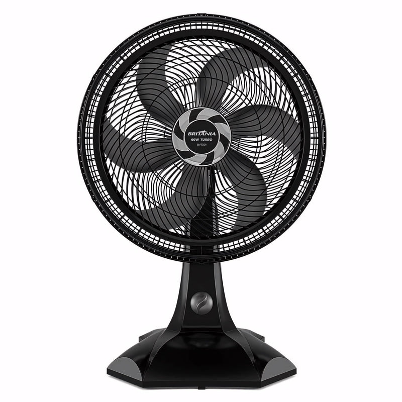 Ventilador Britânia turbo silencioso, 30cm, 6 pás, preto. Uso 2 em 1 para mesa ou parede, com base firme e oscilação. Potente e eficiente para qualquer ambiente.