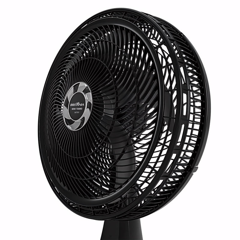 Ventilador Britânia turbo silencioso, 30cm, 6 pás, preto. Uso 2 em 1 para mesa ou parede, com base firme e oscilação. Potente e eficiente para qualquer ambiente.