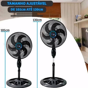 Ventilador de pé preto com 6 pás, base estável, hélice de 38cm e altura de 127cm. Potência de 75W, silencioso e com oscilação automática para melhor ventilação.