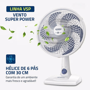 Ventilador de mesa Mondial com 6 pás, 30 cm de diâmetro, base estável e oscilação. Ideal para refrescar ambientes pequenos com eficiência e baixo nível de ruído.