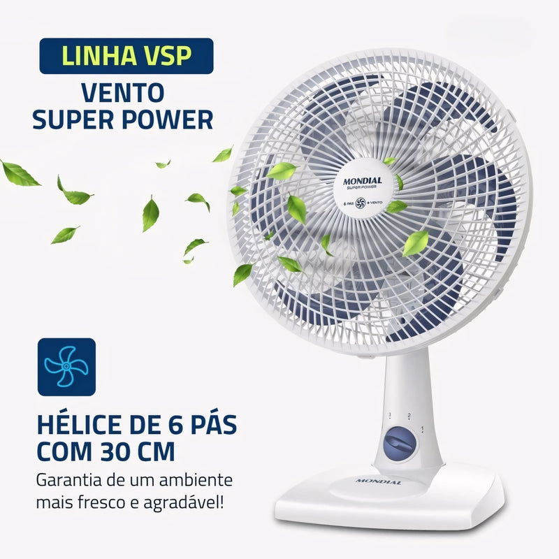 Ventilador de mesa Mondial com 6 pás, 30 cm de diâmetro, base estável e oscilação. Ideal para refrescar ambientes pequenos com eficiência e baixo nível de ruído.
