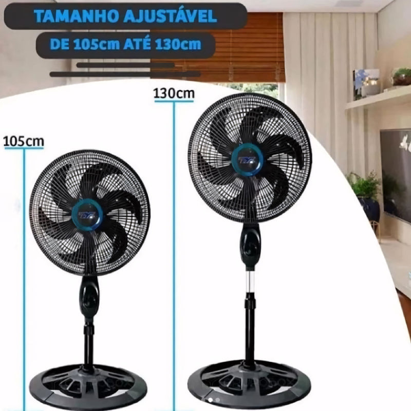 Ventilador de pé preto com 6 pás, base estável, hélice de 38cm e altura de 127cm. Potência de 75W, silencioso e com oscilação automática para melhor ventilação.