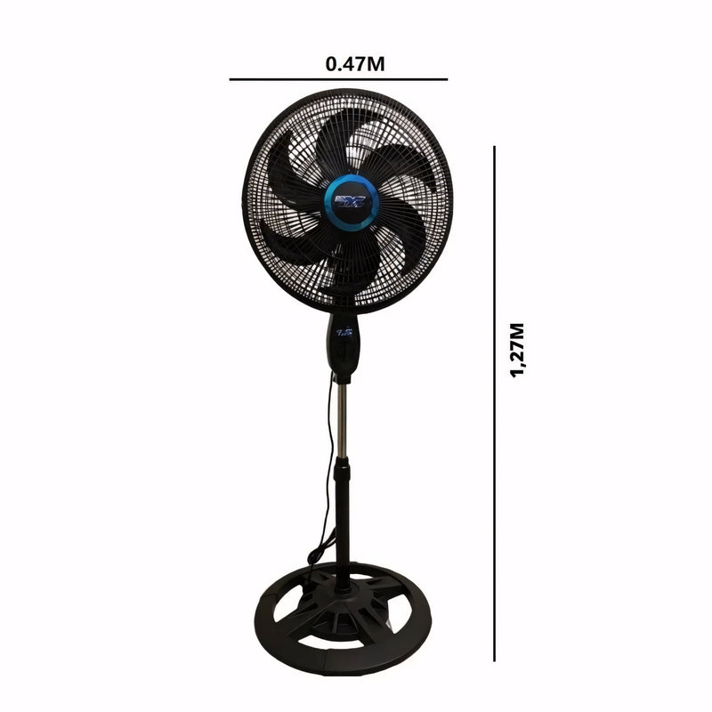 Ventilador de pé preto com 6 pás, base estável, hélice de 38cm e altura de 127cm. Potência de 75W, silencioso e com oscilação automática para melhor ventilação.