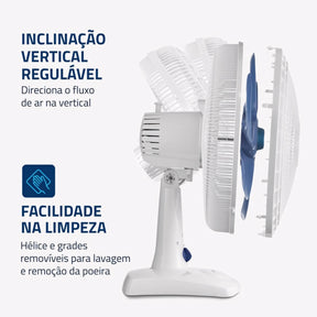 Ventilador de mesa Mondial com 6 pás, 30 cm de diâmetro, base estável e oscilação. Ideal para refrescar ambientes pequenos com eficiência e baixo nível de ruído.