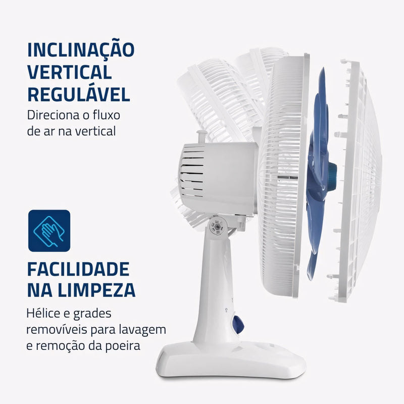 Ventilador de mesa Mondial com 6 pás, 30 cm de diâmetro, base estável e oscilação. Ideal para refrescar ambientes pequenos com eficiência e baixo nível de ruído.