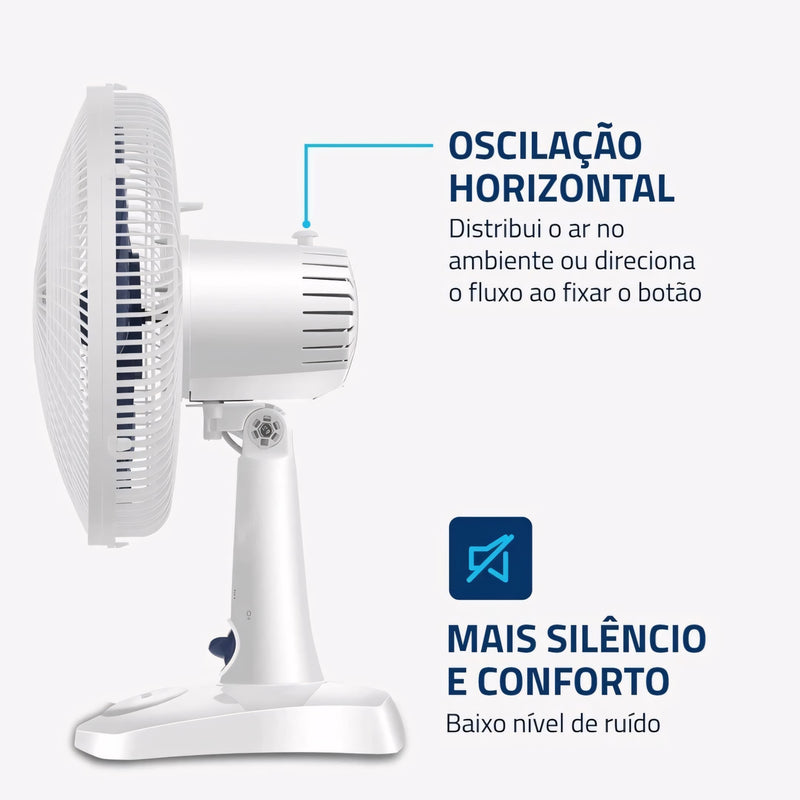 Ventilador de mesa Mondial com 6 pás, 30 cm de diâmetro, base estável e oscilação. Ideal para refrescar ambientes pequenos com eficiência e baixo nível de ruído.