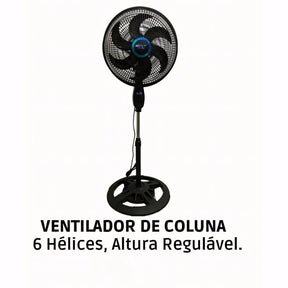 Ventilador de pé preto com 6 pás, base estável, hélice de 38cm e altura de 127cm. Potência de 75W, silencioso e com oscilação automática para melhor ventilação.