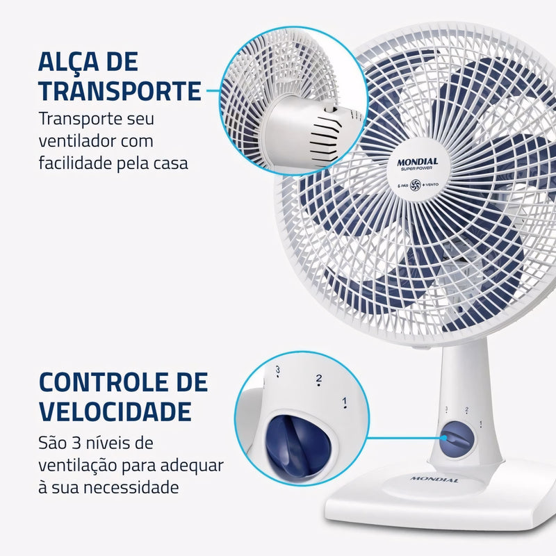 Ventilador de mesa Mondial com 6 pás, 30 cm de diâmetro, base estável e oscilação. Ideal para refrescar ambientes pequenos com eficiência e baixo nível de ruído.