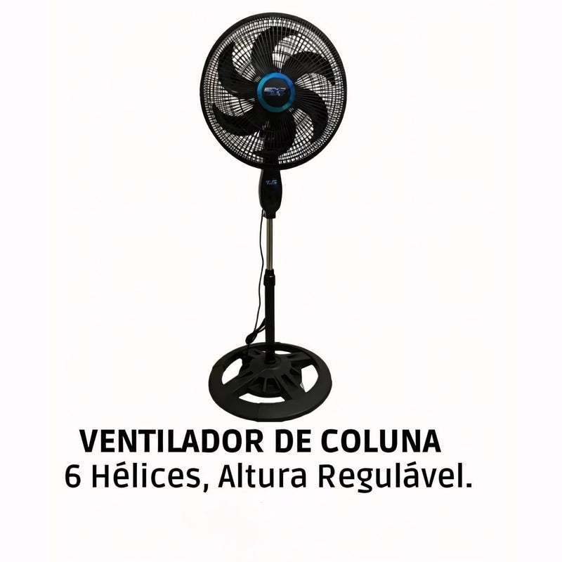 Ventilador de pé preto com 6 pás, base estável, hélice de 38cm e altura de 127cm. Potência de 75W, silencioso e com oscilação automática para melhor ventilação.