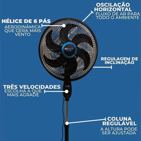 Ventilador de pé preto com 6 pás, base estável, hélice de 38cm e altura de 127cm. Potência de 75W, silencioso e com oscilação automática para melhor ventilação.