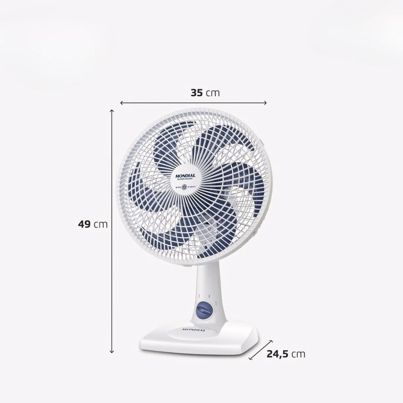 Ventilador de mesa Mondial com 6 pás, 30 cm de diâmetro, base estável e oscilação. Ideal para refrescar ambientes pequenos com eficiência e baixo nível de ruído.