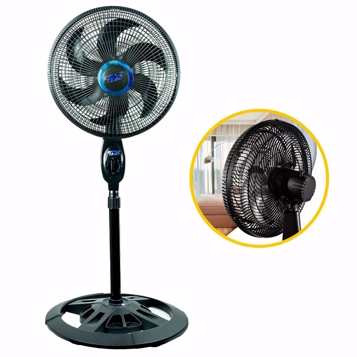 Ventilador de pé preto com 6 pás, base estável, hélice de 38cm e altura de 127cm. Potência de 75W, silencioso e com oscilação automática para melhor ventilação.