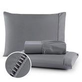 Conjunto de lençol de micropercal 400 fios disponível nas cores branca, bege e preta. Inclui lençol com elástico e fronhas com detalhe em ponto palito, trazendo sofisticação e conforto ao quarto.