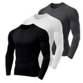 Camisa térmica masculina segunda pele com manga longa, tecido dry fit, proteção UV50 e acabamento antiodor. Kit com 3 unidades em cores sortidas, ideal para esporte, trabalho externo ou lazer.