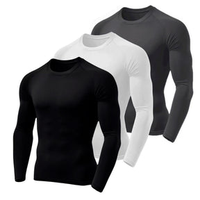 Camisa térmica masculina segunda pele com manga longa, tecido dry fit, proteção UV50 e acabamento antiodor. Kit com 3 unidades em cores sortidas, ideal para esporte, trabalho externo ou lazer.