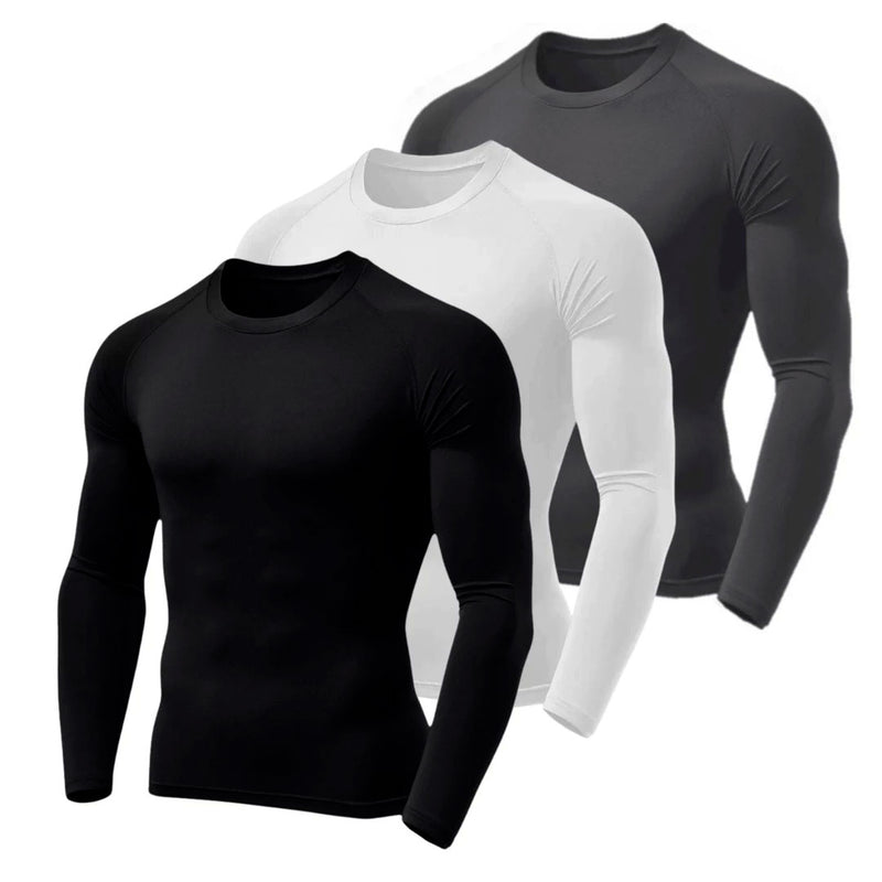 Camisa térmica masculina segunda pele com manga longa, tecido dry fit, proteção UV50 e acabamento antiodor. Kit com 3 unidades em cores sortidas, ideal para esporte, trabalho externo ou lazer.