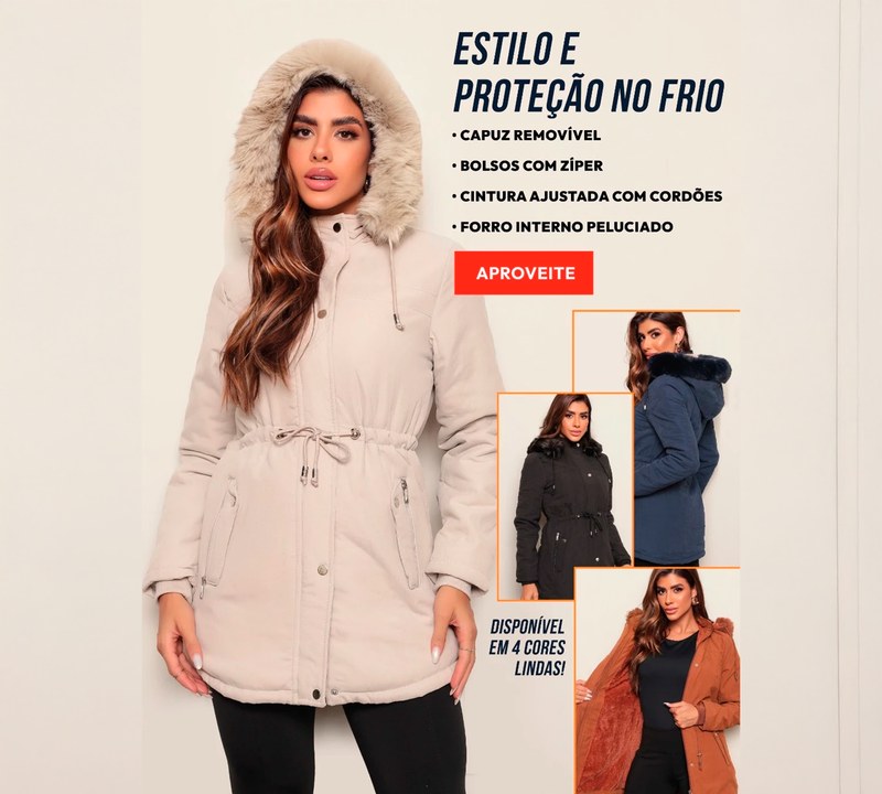 Jaqueta Parka Feminina Forrada Com Capuz - Estilo Sobretudo