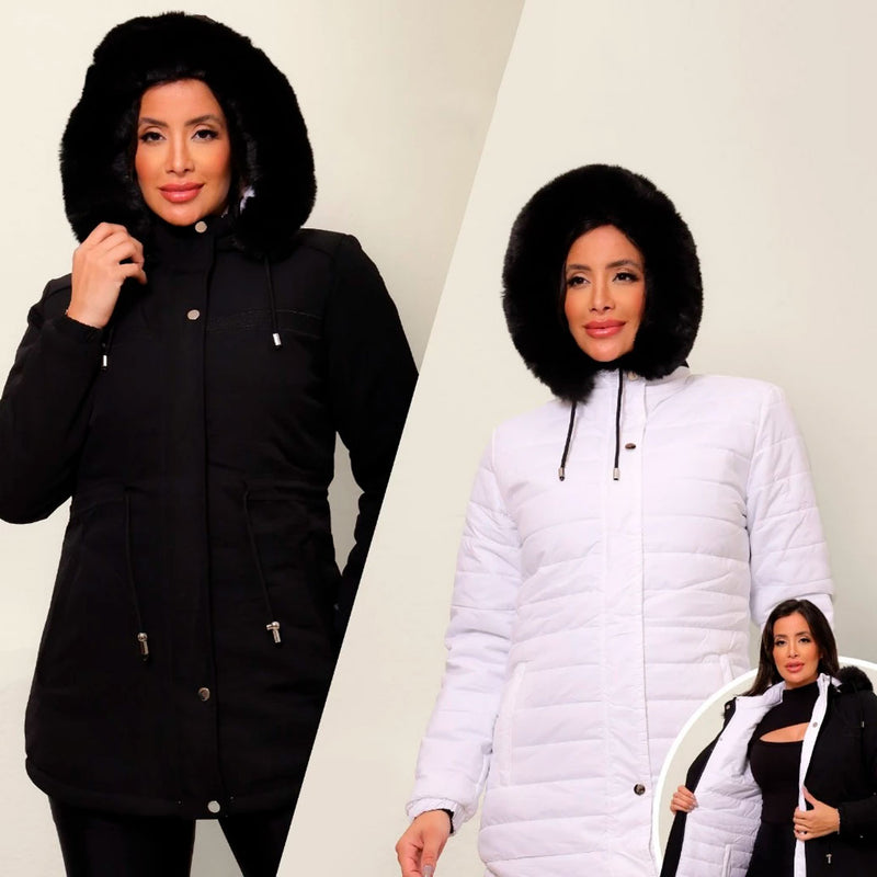 Jaqueta Parka Dupla Face Feminina Impermeável, modelo versátil com dois estilos em uma peça. Proteção térmica para frio intenso, capuz removível com pelos sintéticos e bolsos funcionais. Ideal para looks sofisticados ou esportivos no inverno.