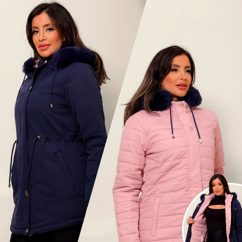 Jaqueta Parka Dupla Face Feminina Impermeável, modelo versátil com dois estilos em uma peça. Proteção térmica para frio intenso, capuz removível com pelos sintéticos e bolsos funcionais. Ideal para looks sofisticados ou esportivos no inverno.