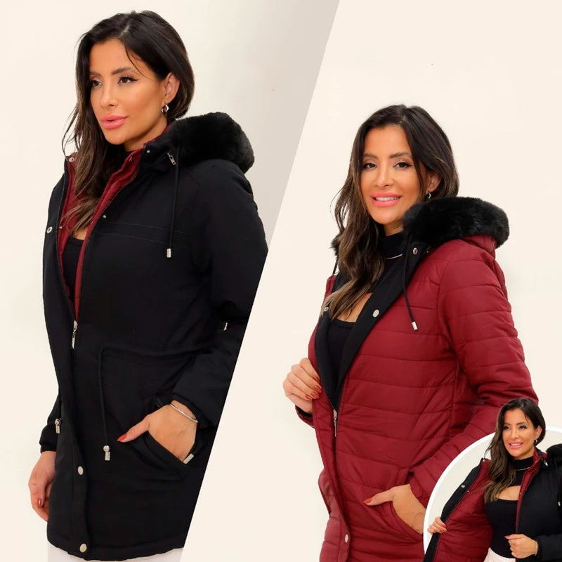 Jaqueta Parka Dupla Face Feminina Impermeável, modelo versátil com dois estilos em uma peça. Proteção térmica para frio intenso, capuz removível com pelos sintéticos e bolsos funcionais. Ideal para looks sofisticados ou esportivos no inverno.