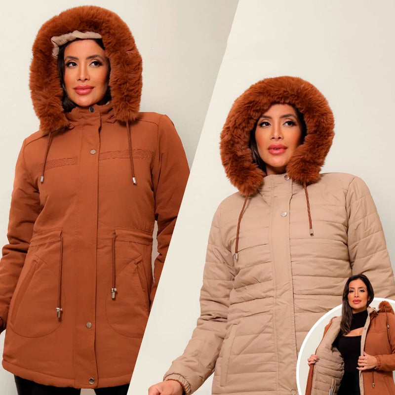 Jaqueta Parka Dupla Face Feminina Impermeável, modelo versátil com dois estilos em uma peça. Proteção térmica para frio intenso, capuz removível com pelos sintéticos e bolsos funcionais. Ideal para looks sofisticados ou esportivos no inverno.