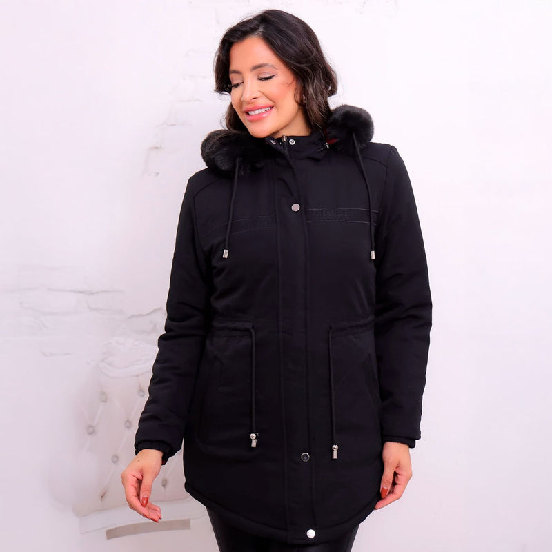 Jaqueta Parka Dupla Face Feminina Impermeável, modelo versátil com dois estilos em uma peça. Proteção térmica para frio intenso, capuz removível com pelos sintéticos e bolsos funcionais. Ideal para looks sofisticados ou esportivos no inverno.